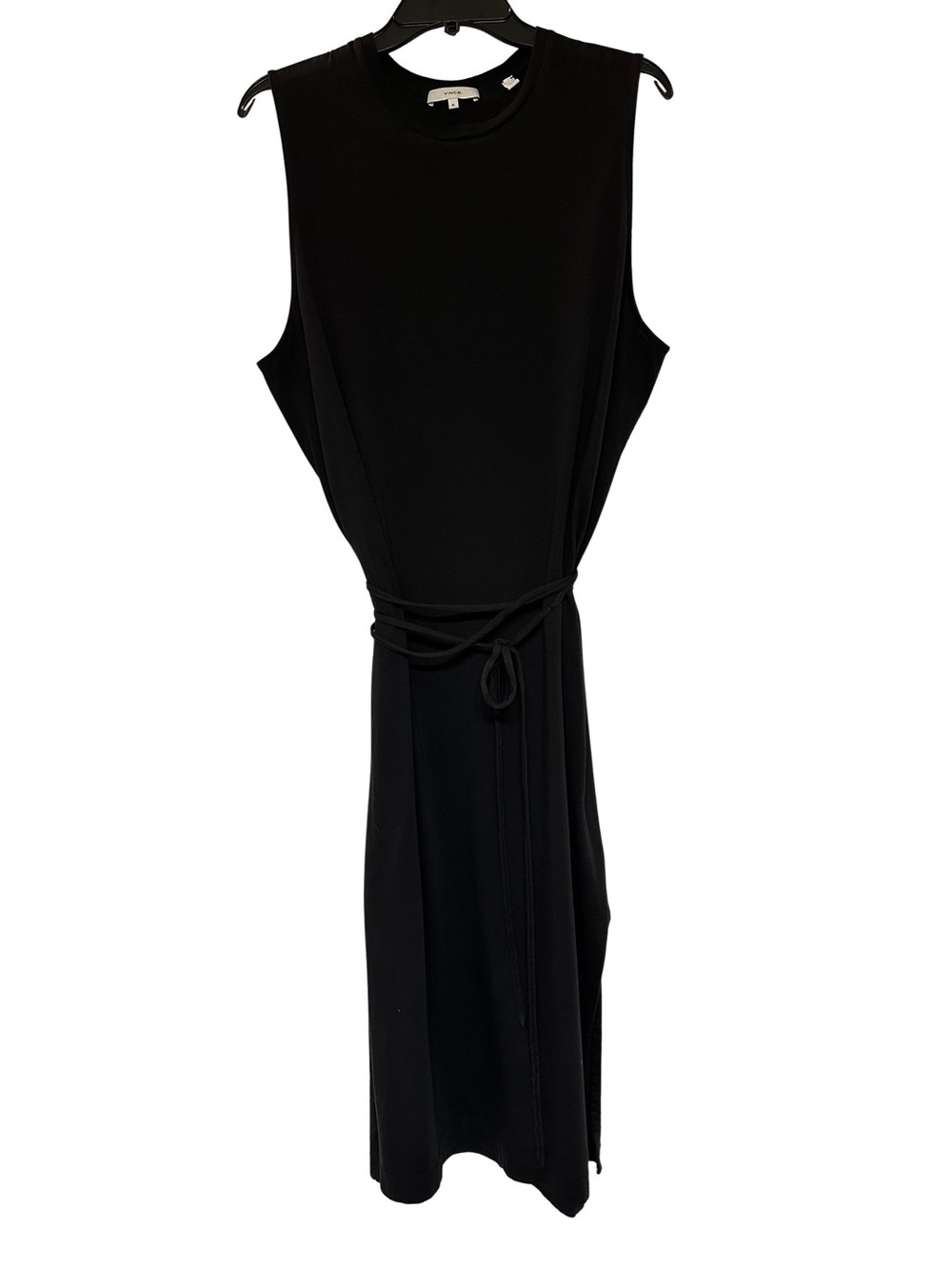 Vince Black Pima Cotton Sleeveless Column Midi Dress Tie Waist Side Slit XL